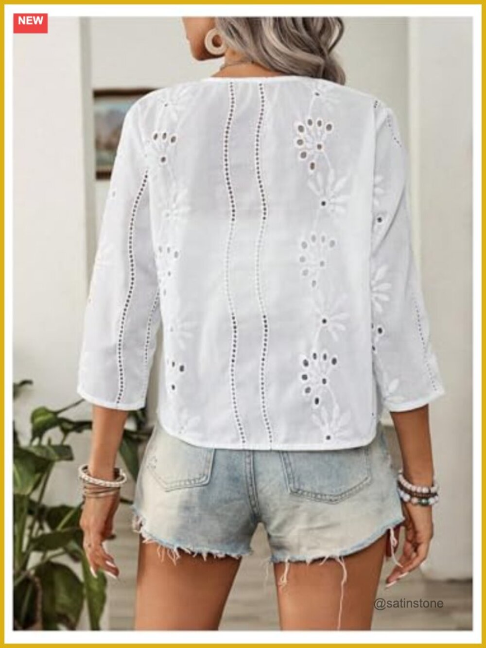Eyelet Embroidery Open Front Lightweight Cardigan 3/4 Sleeve - Picture 2 of 5